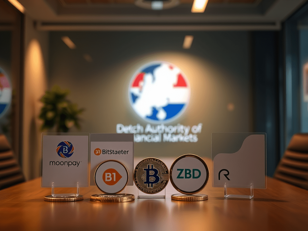 Display of cryptocurrency service providers' logos in front of the Dutch Authority for Financial Markets logo, highlighting the first MiCA licenses awarded in the EU.