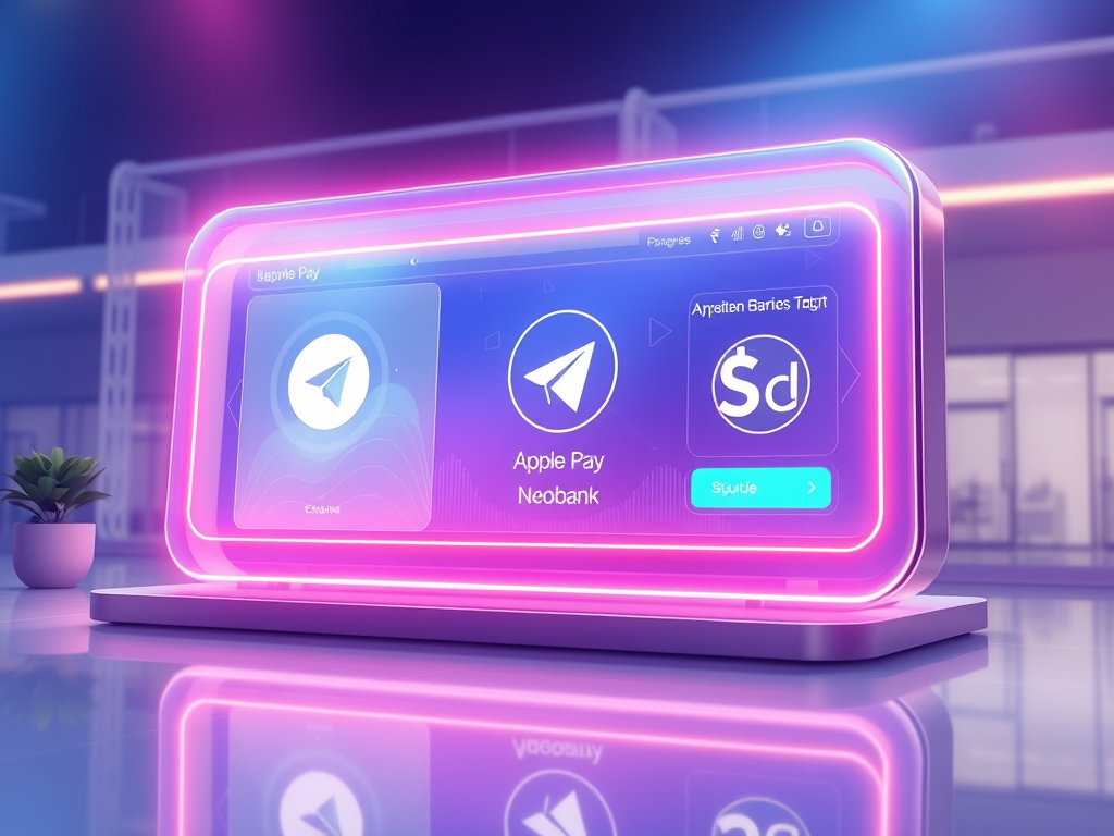 Illustration of Ethena Telegram Neobank interface, showcasing Apple Pay integration and financial tools, supported by FinanceIQ Hub.