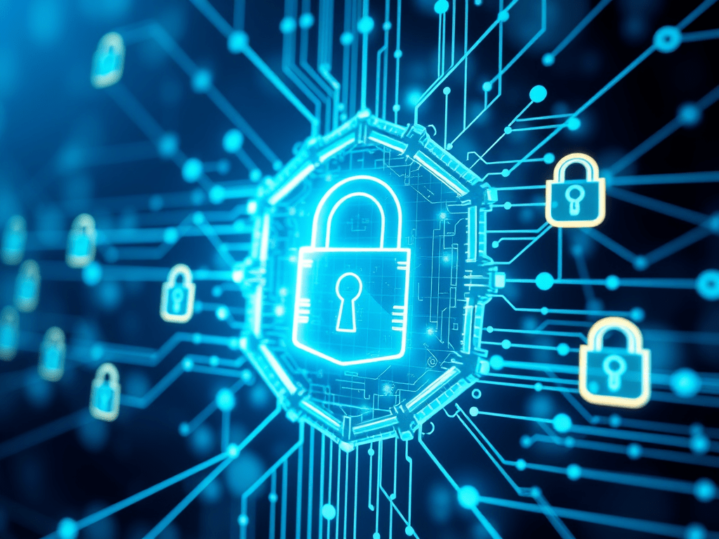 A glowing blue lock icon in the center of a digital network, representing blockchain security, data protection, and privacy for cryptocurrency platforms.