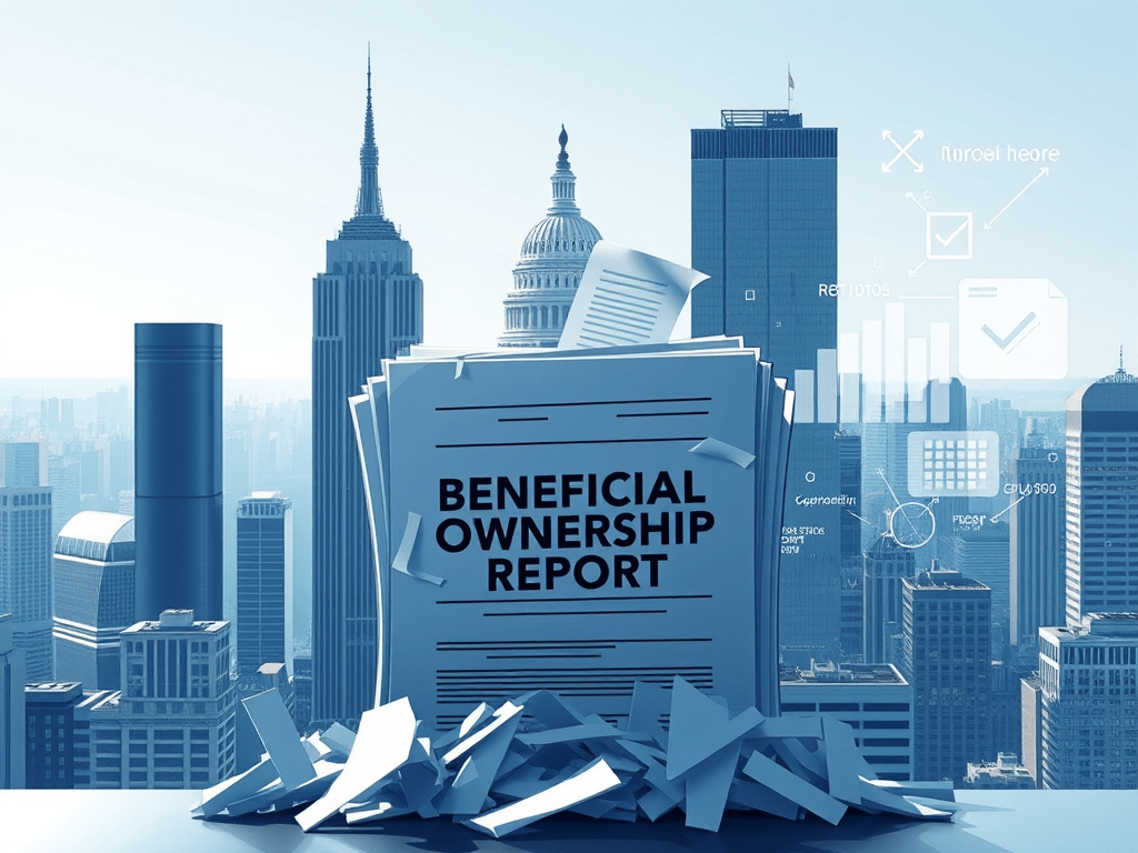 A realistic and professional digital illustration of a "Beneficial Ownership Report" being shredded, symbolizing the U.S. decision to abolish reporting requirements for domestic companies. The background features a skyline of American skyscrapers, including the U.S. Capitol, representing the regulatory shift. Digital elements, such as graphs and compliance icons, highlight the financial and fintech aspects.