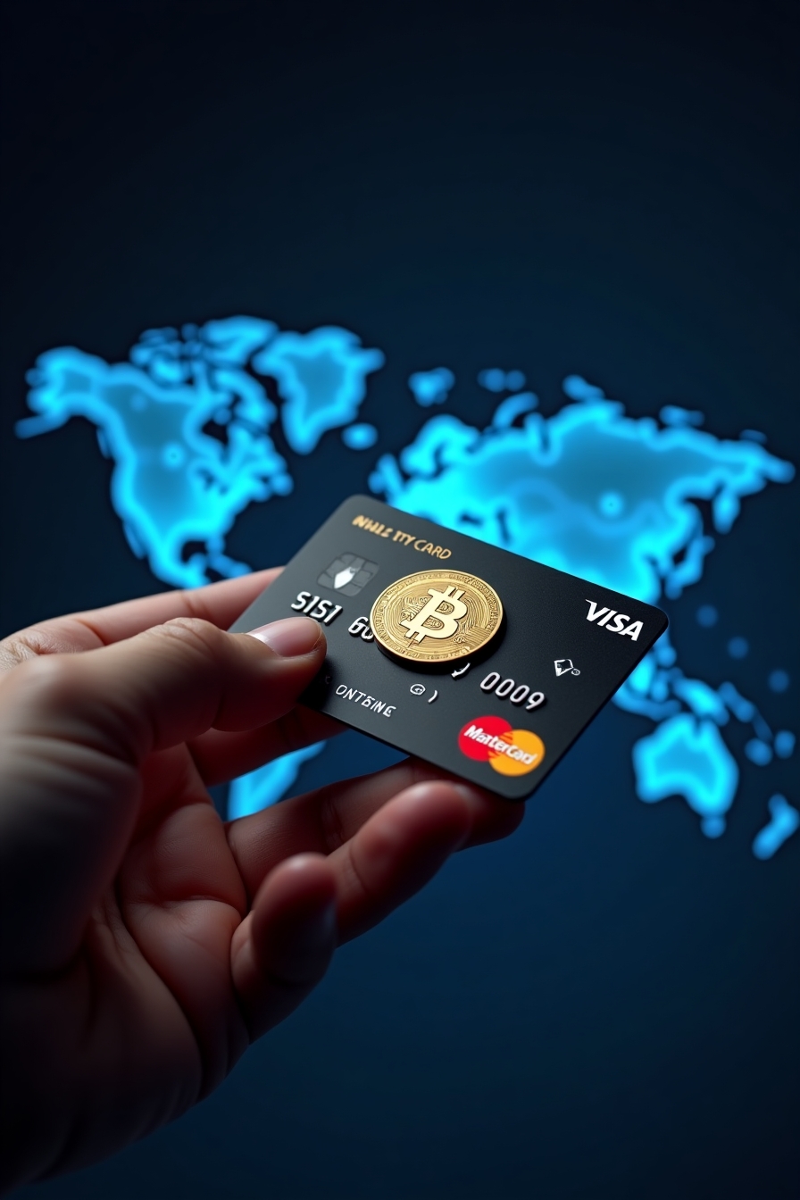 A sleek modern co-branded cryptocurrency card (Visa/Mastercard) with blockchain elements in the background