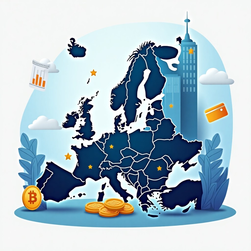 A stylish illustration depicting the concept of doing business in the European Union. The image features a map of Europe in blue and gold tones, financial graphs, skyscrapers, and symbols of fintech, cryptocurrency, and startups. Created for FINANCEIQ HUB LTD, a company specializing in business registration, licensing, and financial solutions in the EU.