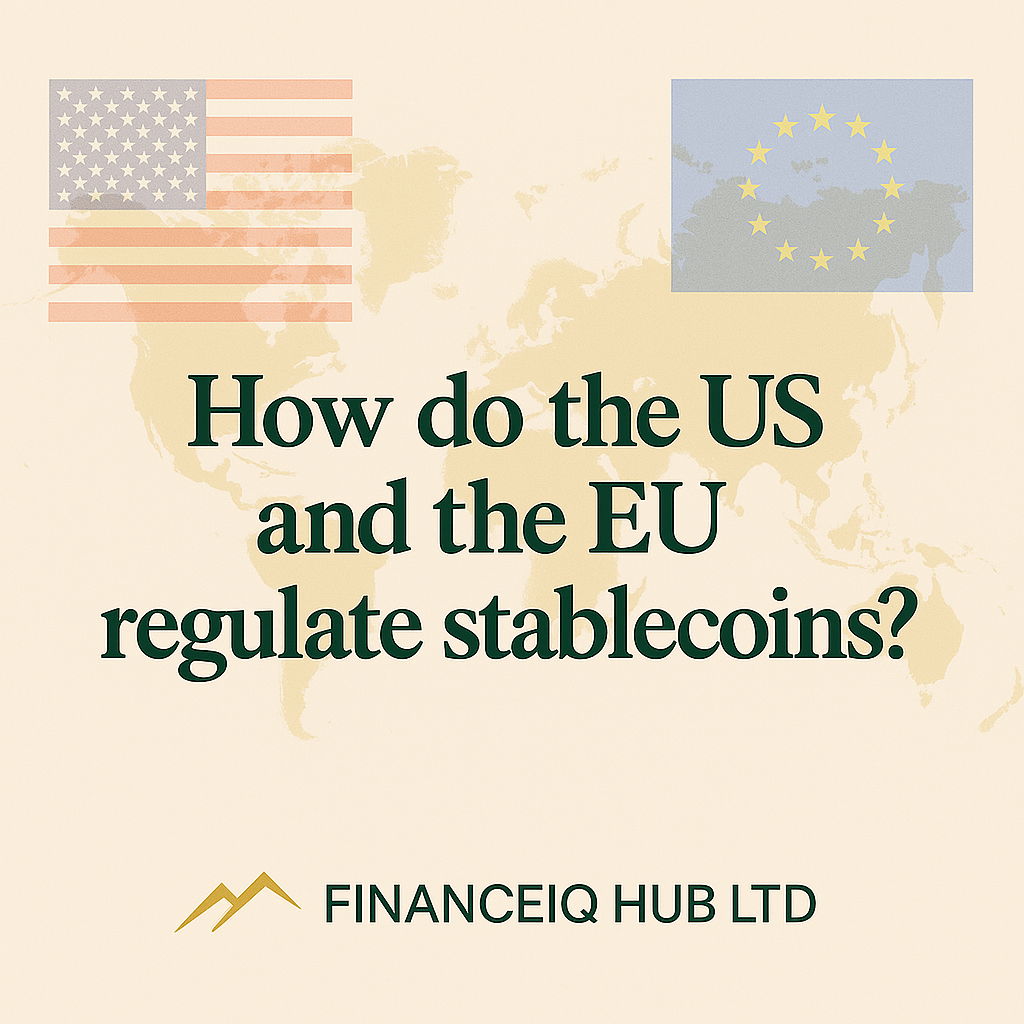 Visual showing a question about how the US and the EU regulate stablecoins, with a beige background and FINANCEIQ HUB LTD branding. Designed to highlight global legal developments in digital finance.