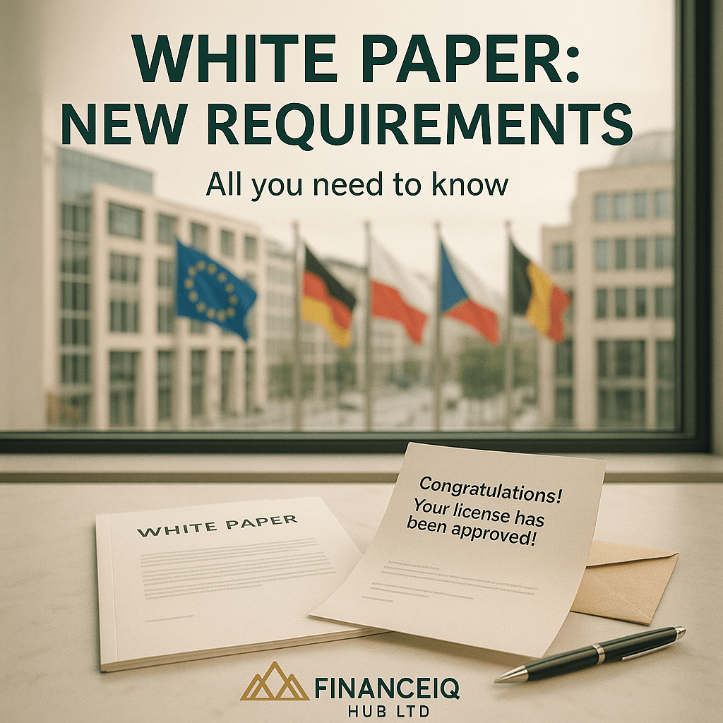 Documents on a marble table in a modern European office, with a blurred view of European flags and buildings outside the window. A letter reading "Congratulations! Your license has been approved!" lies next to a "White Paper" document and an envelope.