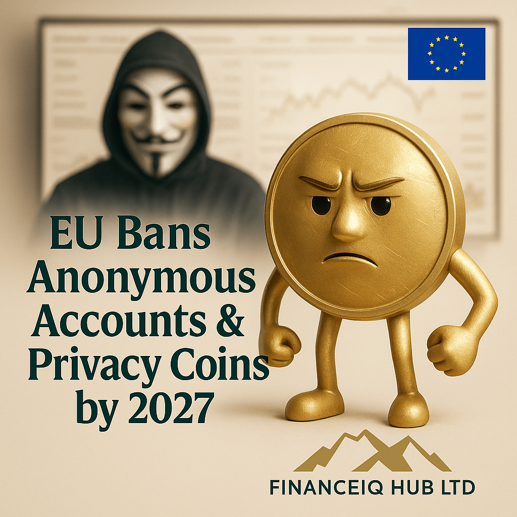 Serious gold‑coin character stands in front of a blurred hacker and trading dashboard, with the headline “EU Bans Anonymous Accounts & Privacy Coins by 2027” and FinanceIQ Hub LTD logo beneath.