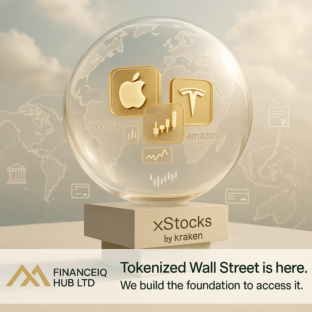 A symbolic glass globe featuring tokenized stock assets by Kraken, highlighting the strategic role of FinanceIQ Hub in providing legal access to global tokenized markets.