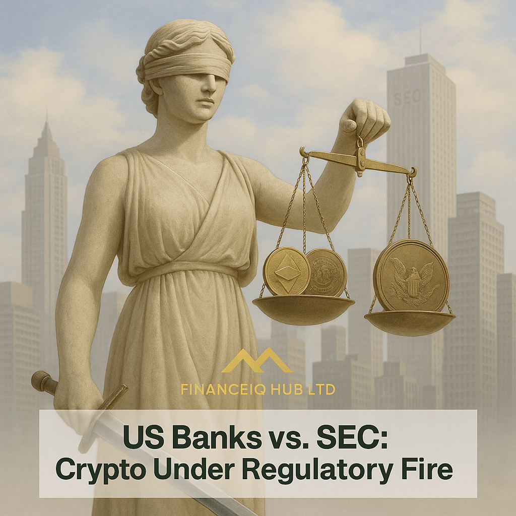 Lady Justice statue with cracked surface holding crypto and SEC coins, against a New York skyline — Finance IQ Hub branding below.