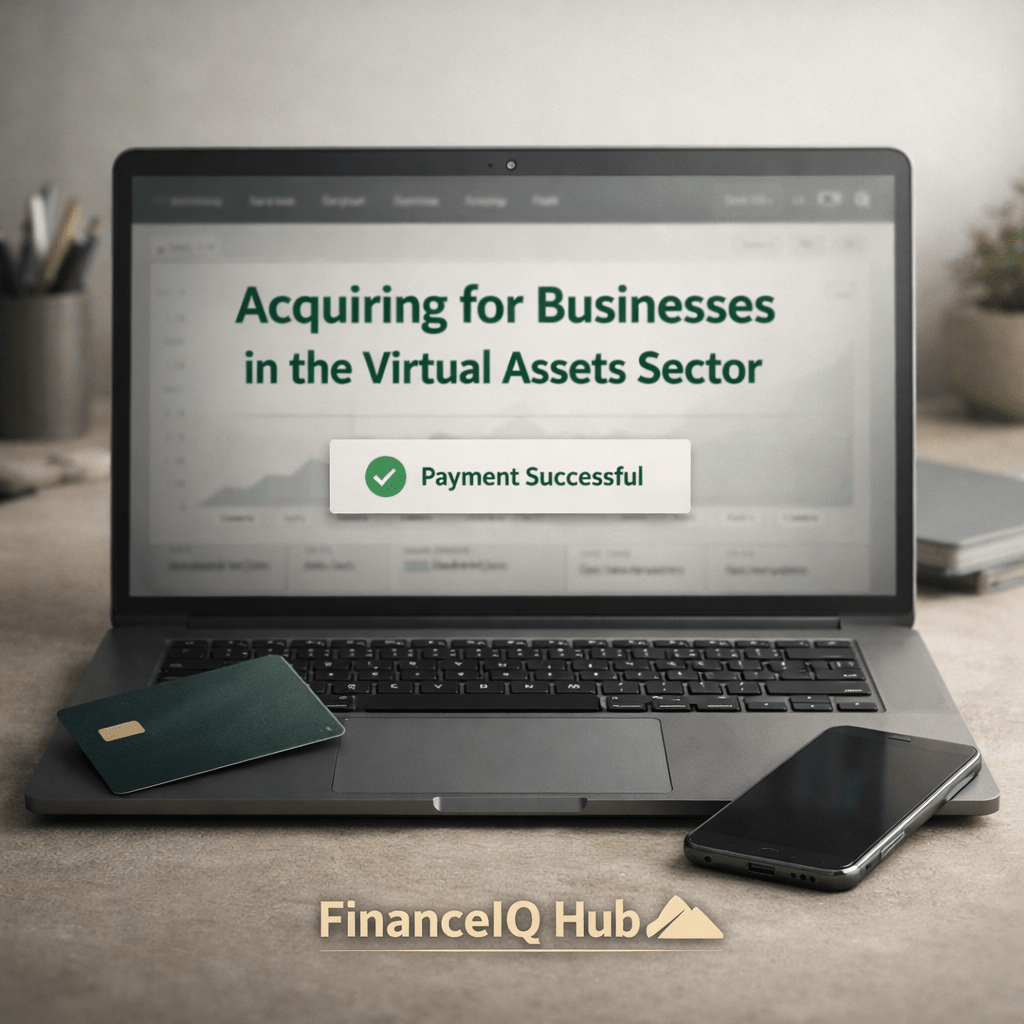 A modern financial workspace with a laptop displaying a “Payment Successful” message and a virtual assets acquiring dashboard, representing digital payment solutions by FinanceIQ Hub.