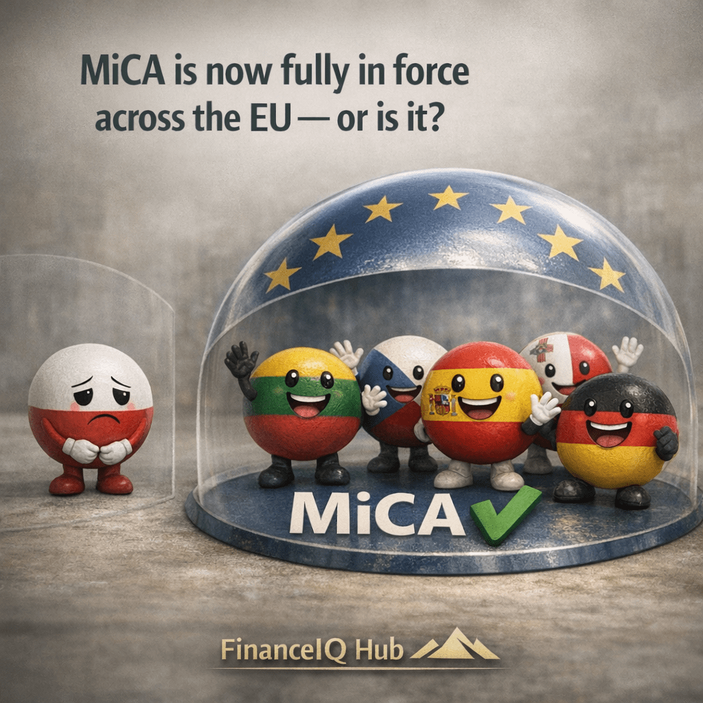 Photorealistic scene showing EU country balls under an EU dome labeled “MiCA” with a green checkmark, while a sad Poland ball stands outside, symbolizing MiCA implementation differences across the EU.