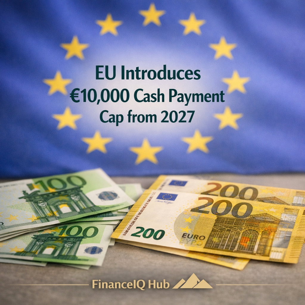 European Union flag in the background with €100 and €200 euro banknotes on a desk, illustrating the new €10,000 cash payment cap announced by FinanceIQ Hub.
