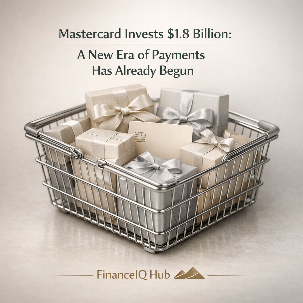 Premium financial advertisement by FinanceIQ Hub featuring a shopping basket with gift boxes and a payment card, symbolizing the evolution of digital payments.