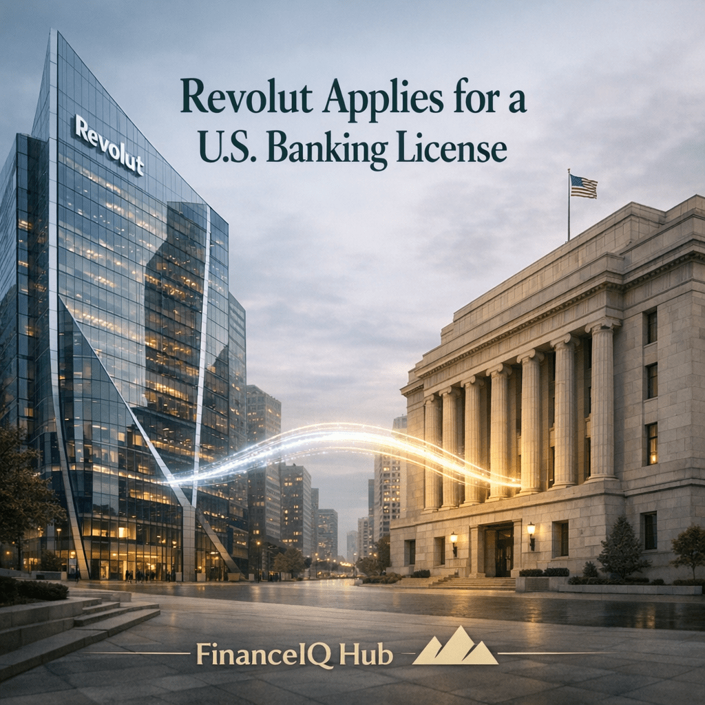 Photorealistic architectural scene showing a modern glass fintech tower symbolizing Revolut facing a classical U.S. regulatory building, connected by a digital light stream representing financial regulation and integration.