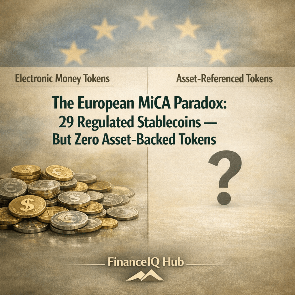 A financial illustration showing the MiCA stablecoin paradox in the EU: the left side displays many coins representing Electronic Money Tokens, while the right side labeled Asset-Referenced Tokens is empty with a large question mark, symbolizing the absence of asset-backed tokens under current MiCA regulation. Created by FinanceIQ Hub.