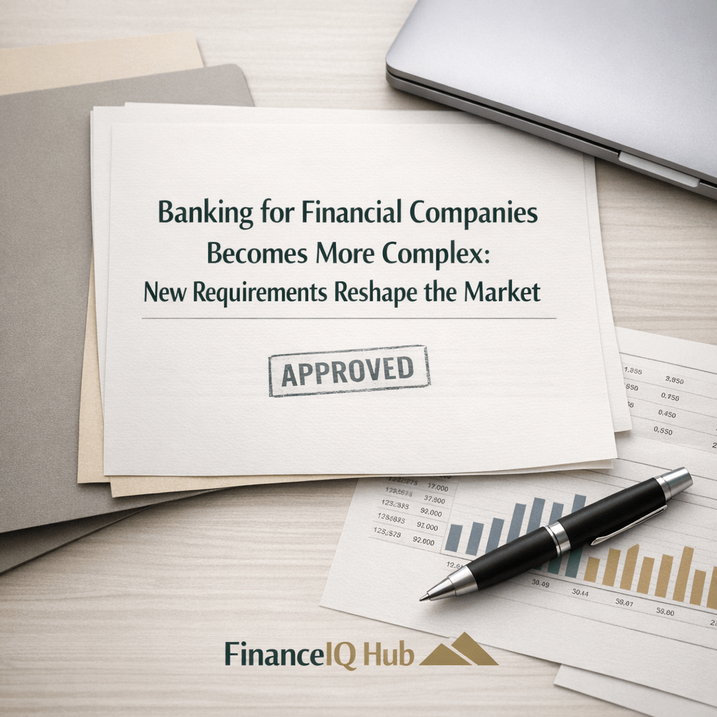 A photorealistic financial workspace with documents, charts, and a laptop, featuring an “APPROVED” stamp and a headline about increasing banking complexity for financial companies by FinanceIQ Hub.