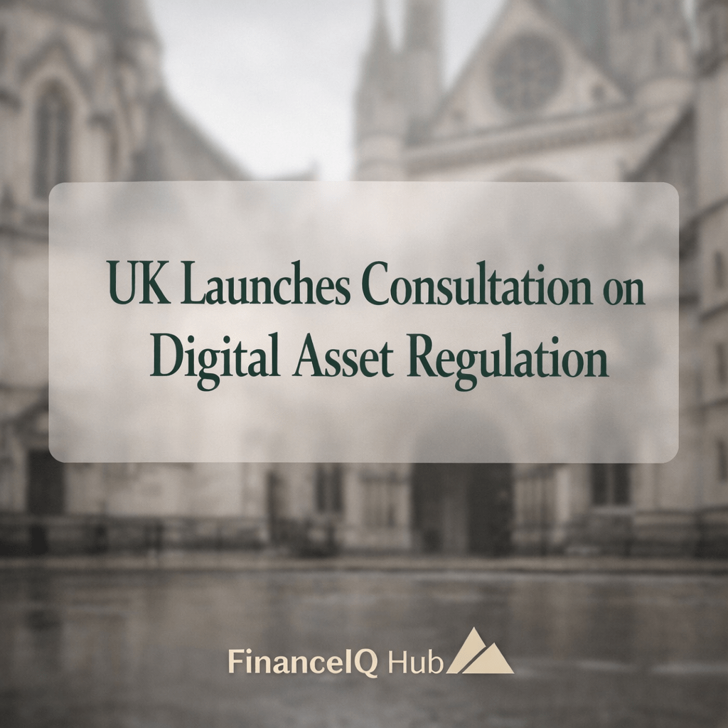 Photorealistic image of the Royal Courts of Justice in London with a headline about digital asset regulation by FinanceIQ Hub.
