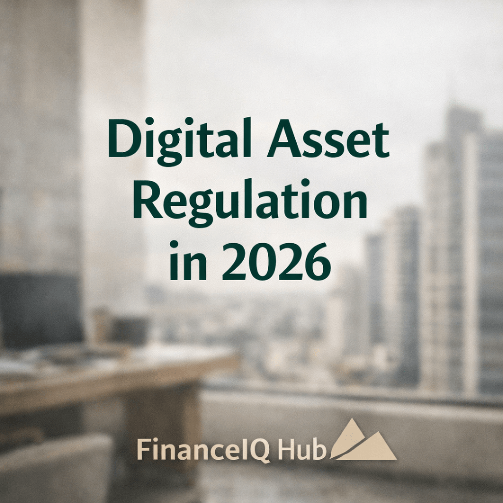Blurred financial district office background symbolizing global digital asset regulation in 2026, with central headline and FinanceIQ Hub branding.