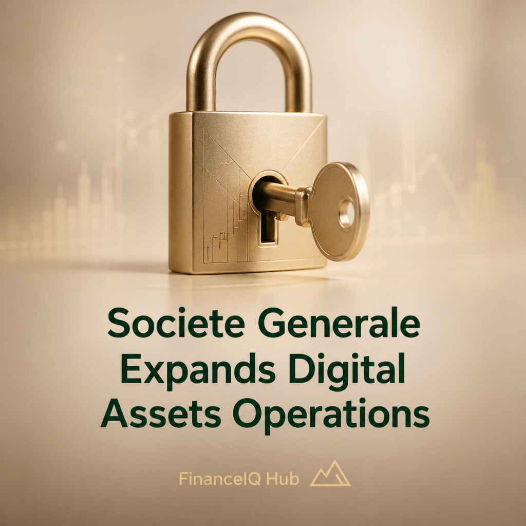 A premium minimalist image showing a champagne-gold metal lock with a partially turned key, symbolizing secure access to digital financial systems, representing FinanceIQ Hub and Societe Generale’s expansion into digital assets.