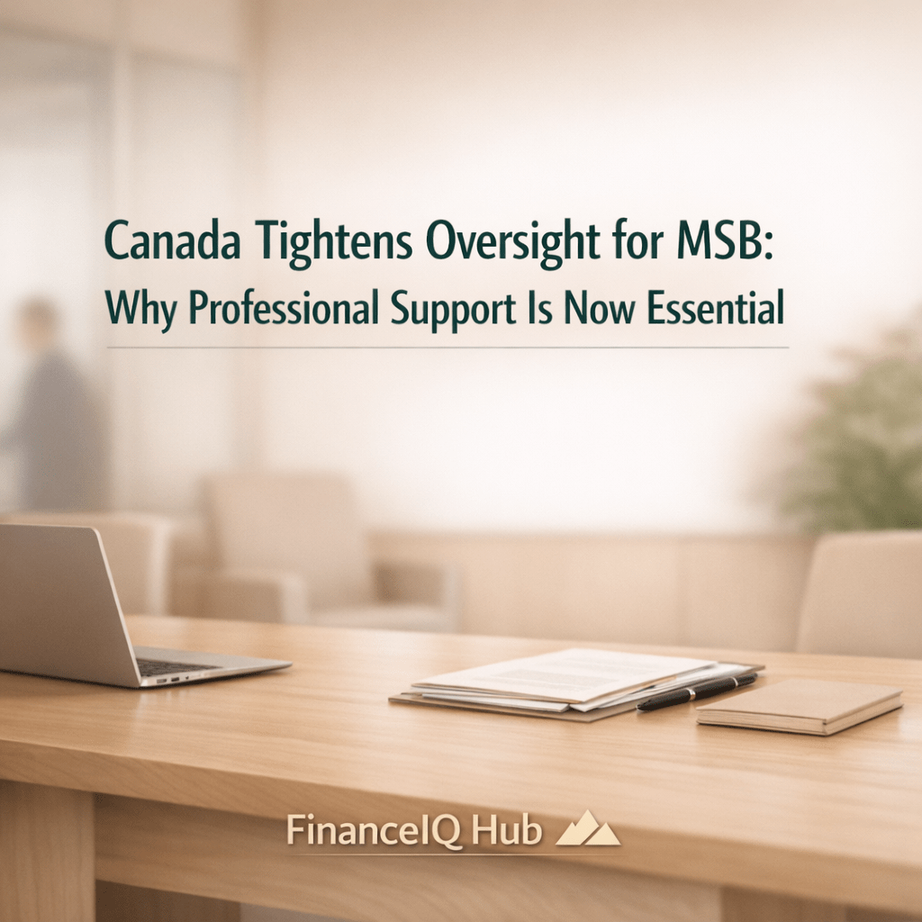 A minimalist, premium-style corporate office scene with a desk, laptop, and documents in warm beige tones, featuring a centered headline about Canada tightening MSB oversight and the FinanceIQ Hub branding below.