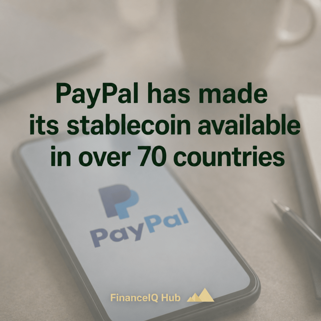 Smartphone displaying the PayPal logo with a blurred beige-gray background and headline about PayPal expanding its stablecoin to over 70 countries.
