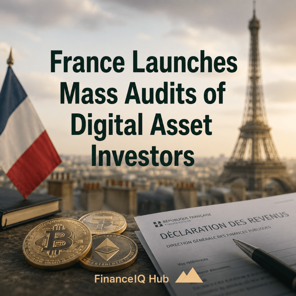 Photorealistic illustration of France’s tightening tax monitoring of digital asset investors, featuring the Eiffel Tower, financial charts, digital asset coins, and official tax documents in warm beige and gray tones with FinanceIQ Hub branding.
