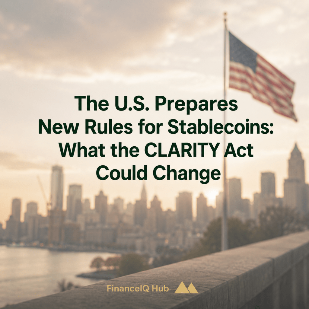 Photorealistic American city landscape with soft beige-gray tones and blurred background, featuring the headline about stablecoin regulations and FINANCEIQ HUB branding.