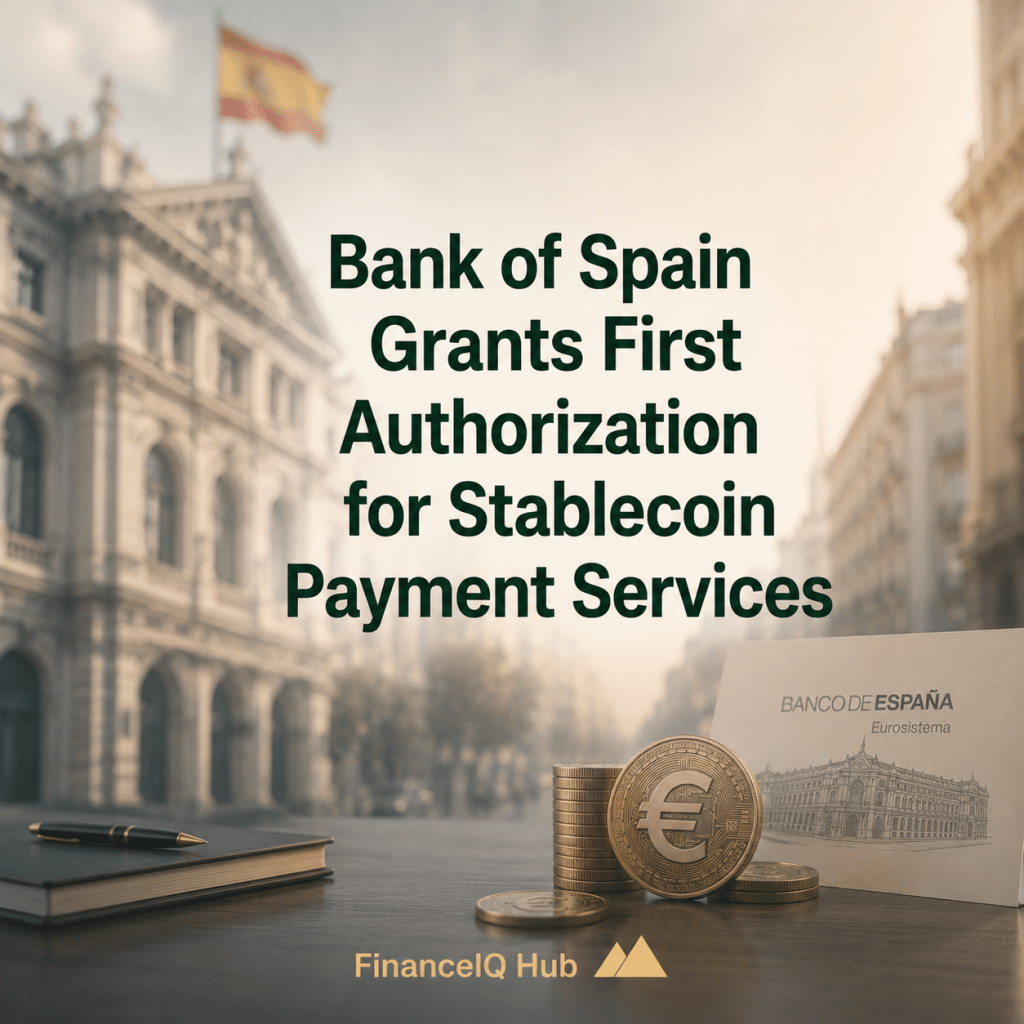 Photorealistic news cover illustrating the Bank of Spain's first authorization for stablecoin payment services under Europe's evolving regulatory framework. The image features the Bank of Spain, financial elements, and a professional beige-gray business environment. Created by FinanceIQ Hub.