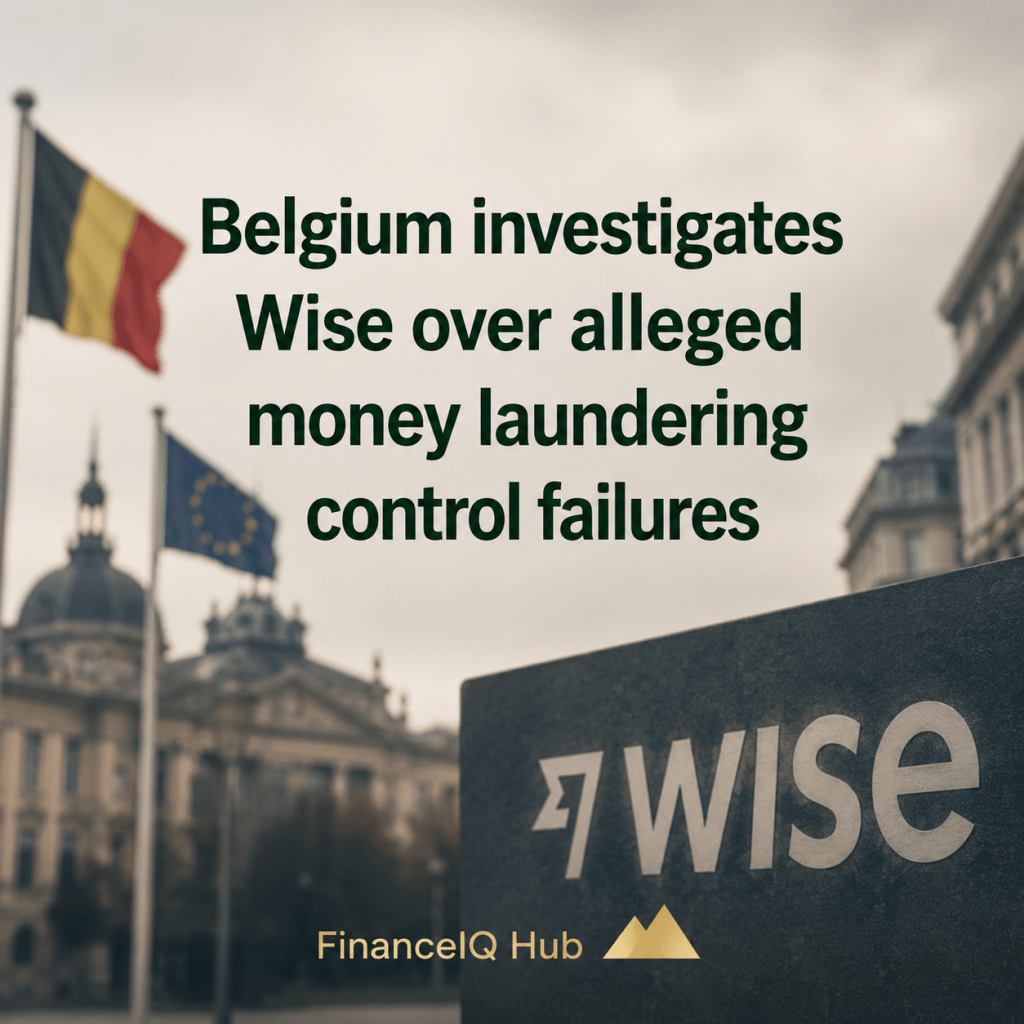 Photorealistic illustration depicting the investigation into Wise over alleged anti-money laundering control failures in Belgium. The image features a blurred Belgian financial and regulatory backdrop with the headline "Belgium investigates Wise over alleged money laundering control failures" and FinanceIQ Hub branding.