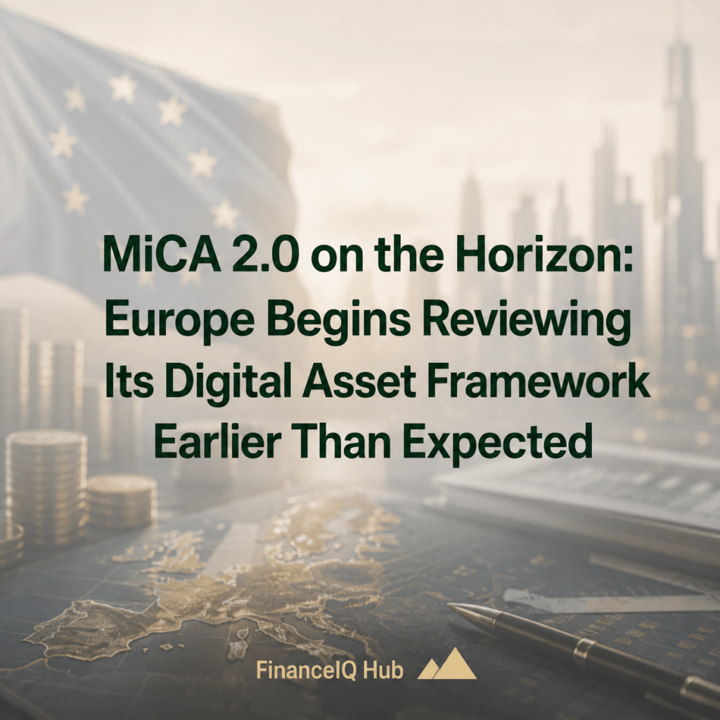 FinanceIQ Hub illustration featuring the European Union flag, a map of Europe, financial documents, and digital finance elements in soft beige and grey tones. The image highlights the ongoing review of the MiCA framework in Europe and its potential impact on the digital asset industry.