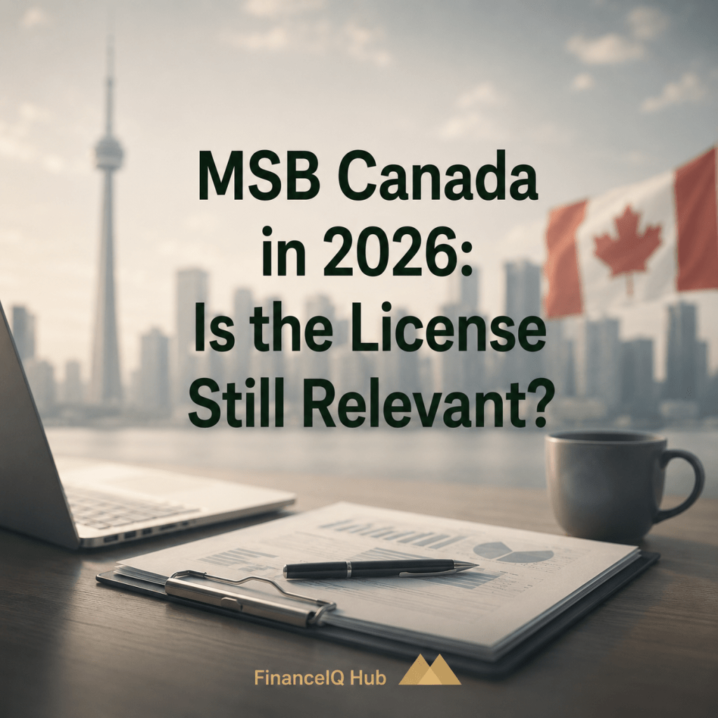 Professional illustration symbolizing the relevance of MSB Canada in 2026. The image features a modern business workspace with financial documents, a laptop, and a Canadian flag against a city skyline. It represents regulatory compliance, international business expansion, and banking infrastructure. FinanceIQ Hub supports businesses with company incorporation, licensing, and bank account opening services.
