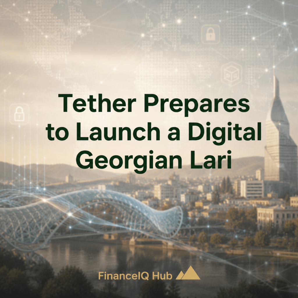 Photorealistic illustration of Tbilisi, Georgia, featuring digital financial infrastructure, blockchain network connections, and modern fintech technology concepts. The image represents Tether's planned launch of a digital Georgian lari (GELT) and the growing role of digital assets in Georgia's financial ecosystem. Illustration created for FinanceIQ Hub.