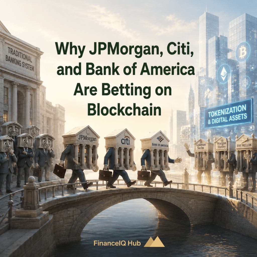 Illustration showing traditional banks moving toward a blockchain-powered financial future. Several anthropomorphized bank buildings are crossing a bridge from the traditional banking sector toward tokenization and digital assets, while other banks observe cautiously. The image symbolizes the growing adoption of blockchain technology by major financial institutions. FinanceIQ Hub provides company registration, licensing, and banking solutions for businesses operating in the digital finance sector.