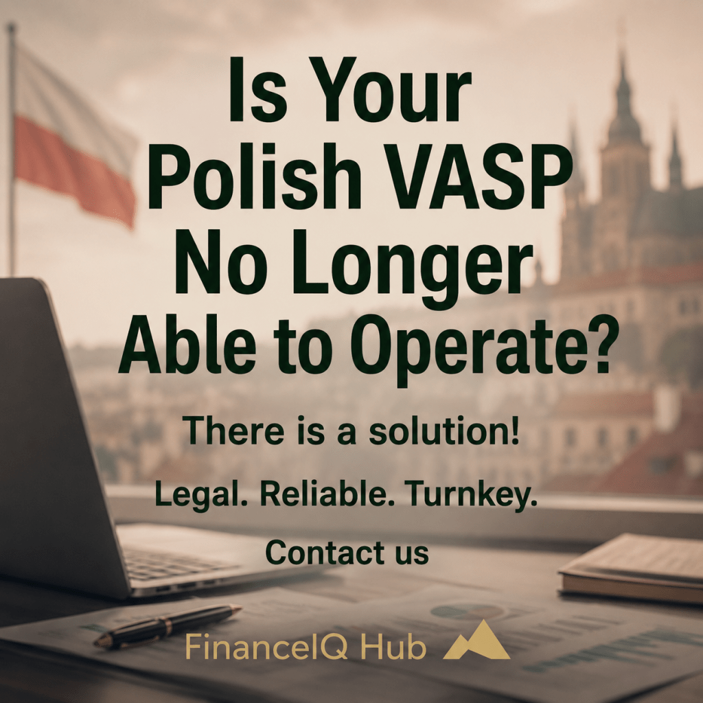 Photorealistic promotional image featuring a professional business environment with a blurred view of Poland in the background. The image highlights solutions for companies affected by recent European regulatory changes, with the headline "Is Your Polish VASP No Longer Able to Operate?" and FinanceIQ Hub branding.