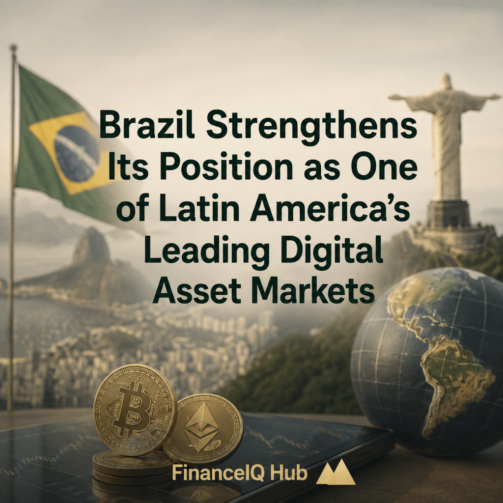 Brazil and Latin America digital asset market concept featuring the Brazilian flag, Rio de Janeiro, a globe focused on Latin America, and digital asset symbols.