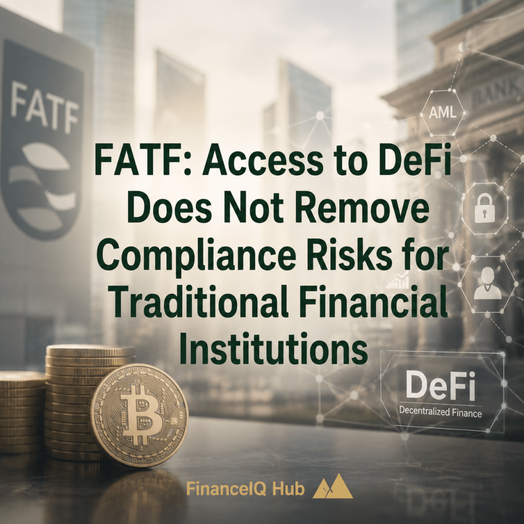 FinanceIQ Hub visual highlighting FATF’s position on DeFi compliance, featuring traditional banking, digital assets, AML controls, and decentralized finance technology.