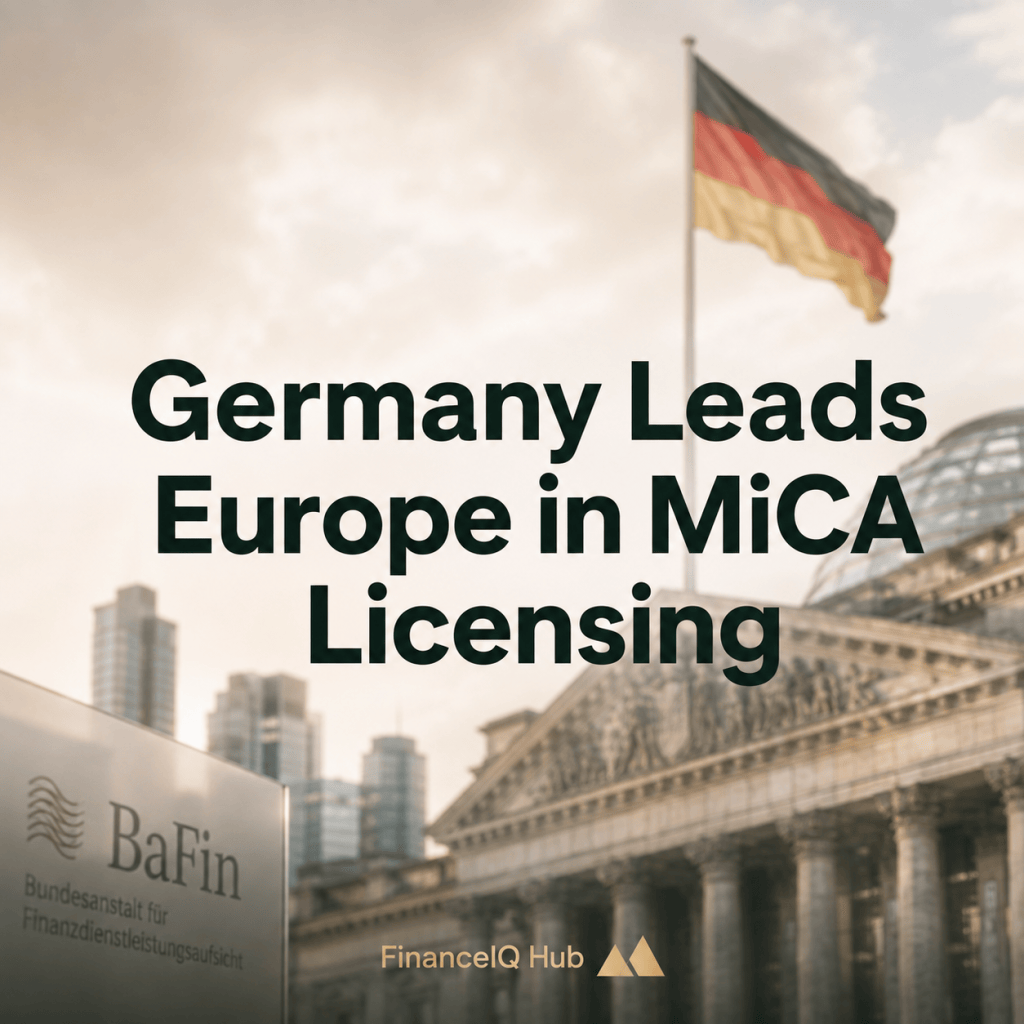 FinanceIQ Hub news graphic highlighting Germany’s leading position in MiCA licensing in Europe, featuring the German flag and financial regulatory imagery.