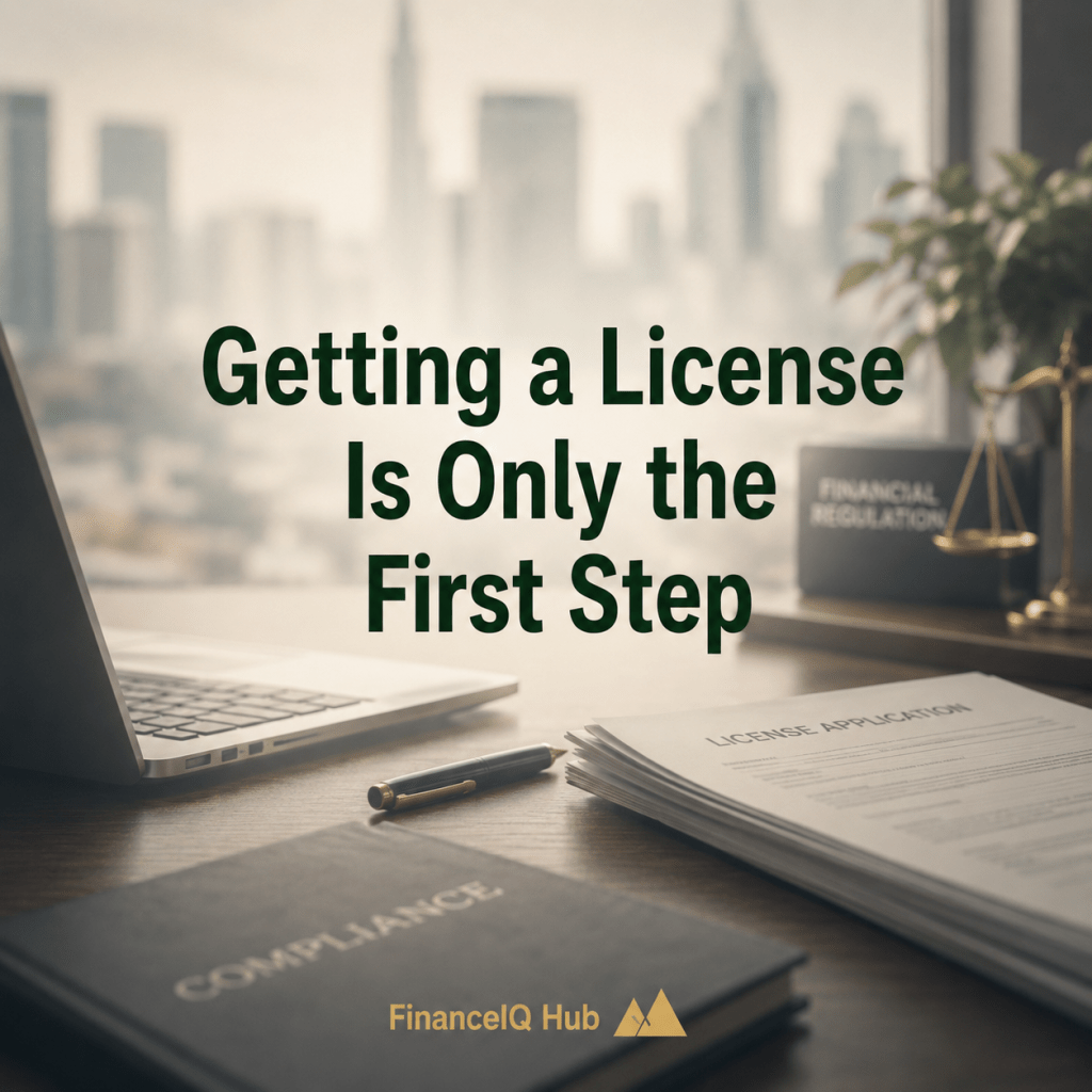 FinanceIQ Hub visual illustrating that obtaining a license is only the first step in building a successful regulated business, with licensing documents, compliance materials, and corporate infrastructure.