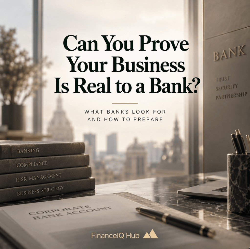 FinanceIQ Hub visual explaining how businesses can demonstrate real economic activity and banking substance when applying for a corporate bank account.