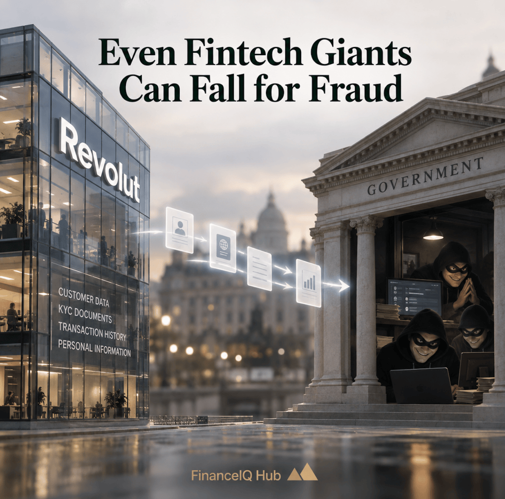 FinanceIQ Hub visual illustrating the Revolut customer data incident, where fraudulent requests impersonating a government authority resulted in the disclosure of sensitive customer information.