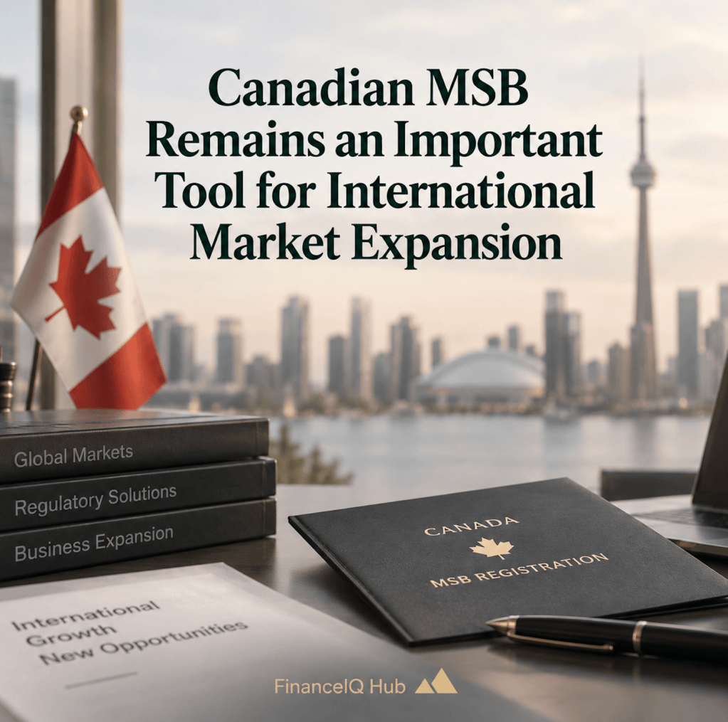 FinanceIQ Hub visual highlighting Canadian MSB registration as an important regulatory tool for fintech and digital-asset businesses expanding into international markets.